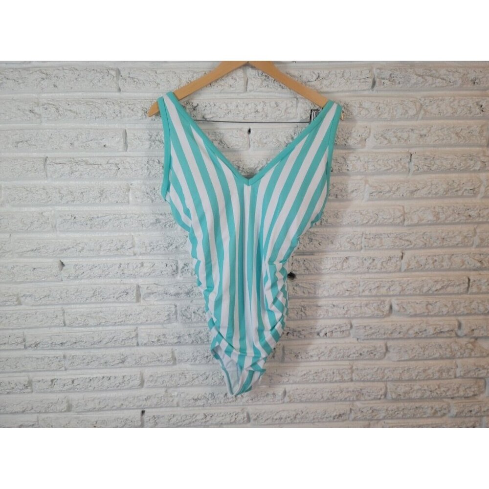 Kona Sol Teal and White Striped One Piece Swimsuit
